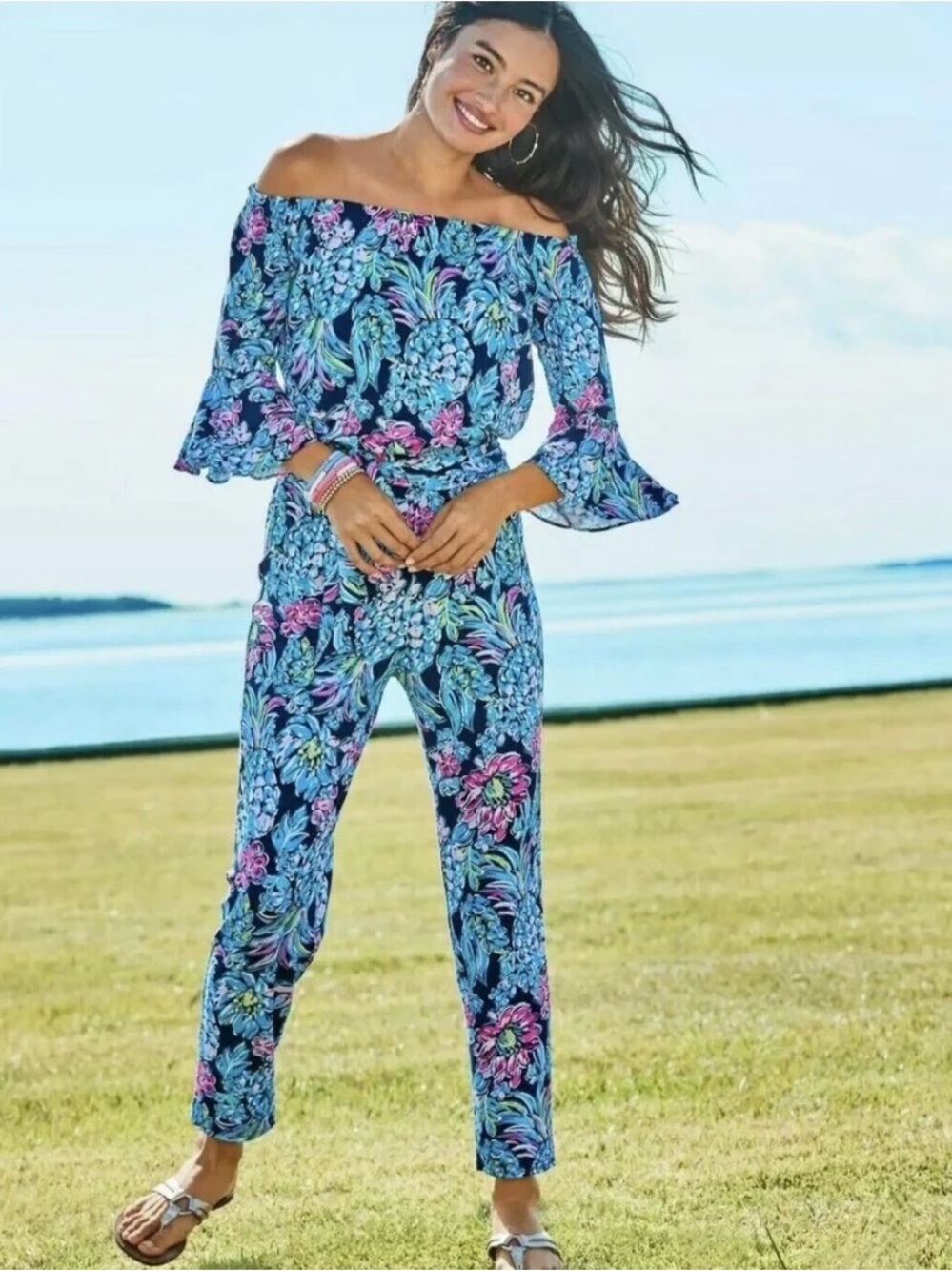 Lilly Pulitzer Off-Shoulder Floral Jumpsuit in Navy, Blue and Pink